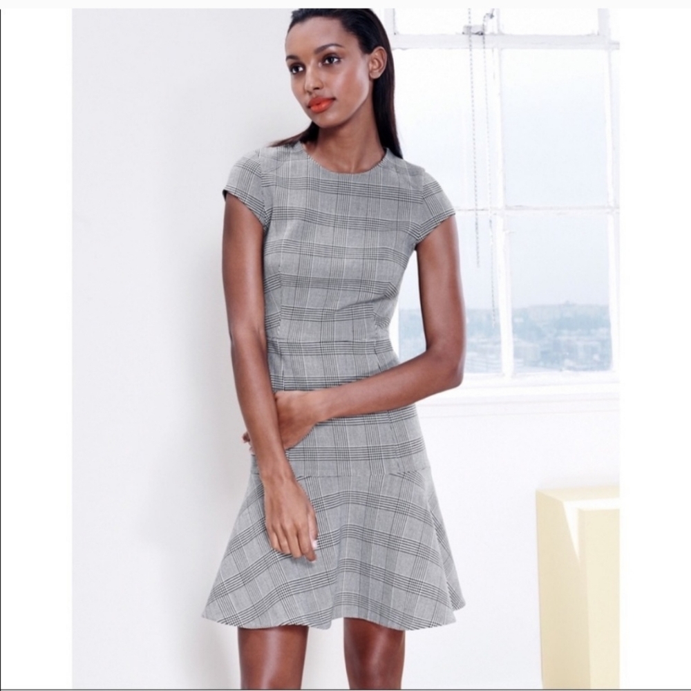 J. Crew Black/White Glen Cap Sleeve Houndstooth Plaid Midi Dress Women's Sz 8 - Picture 2 of 10